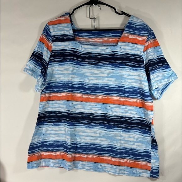 NWOT Coral Bay Blue and Orange Ocean Waves Print Short Sleeve Cotton Tee 1X - Picture 5 of 5